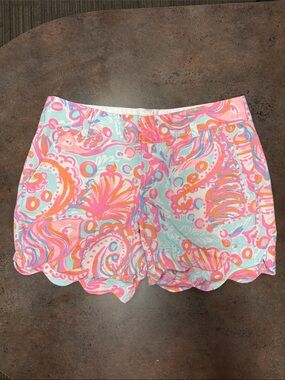 Lily Pulitzer Clipper Shorts, Pink & Aqua Paisley with Scalloped hem